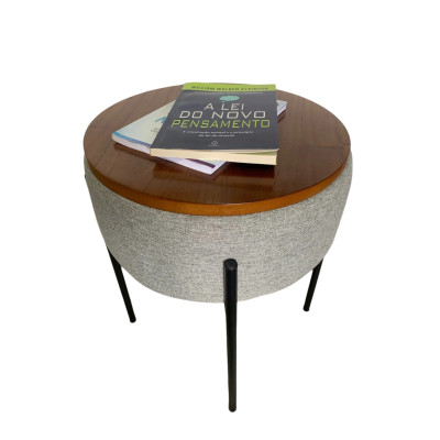 Pouf JASMIN avec base en métal et table d'appoint en  lin gris