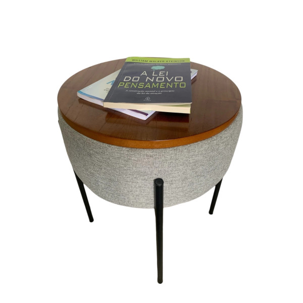 Pouf JASMIN avec base en métal et table d'appoint en  lin gris