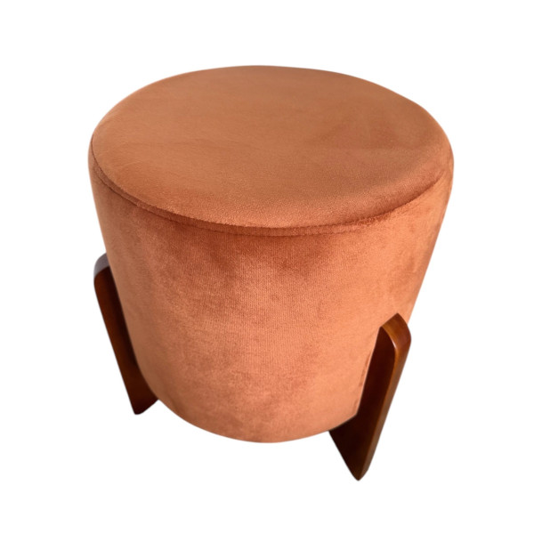 Pouf rond de luxe LOTUS pieds en bois massif et tissu en velours saumon