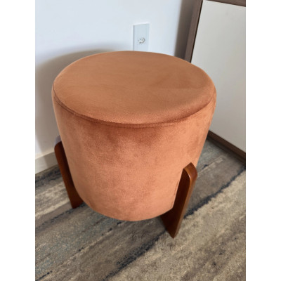 Pouf rond de luxe LOTUS pieds en bois massif et tissu en velours saumon