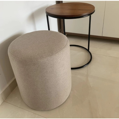 Kit Pouf  CAMELIA  en lin beige + table d'appoint