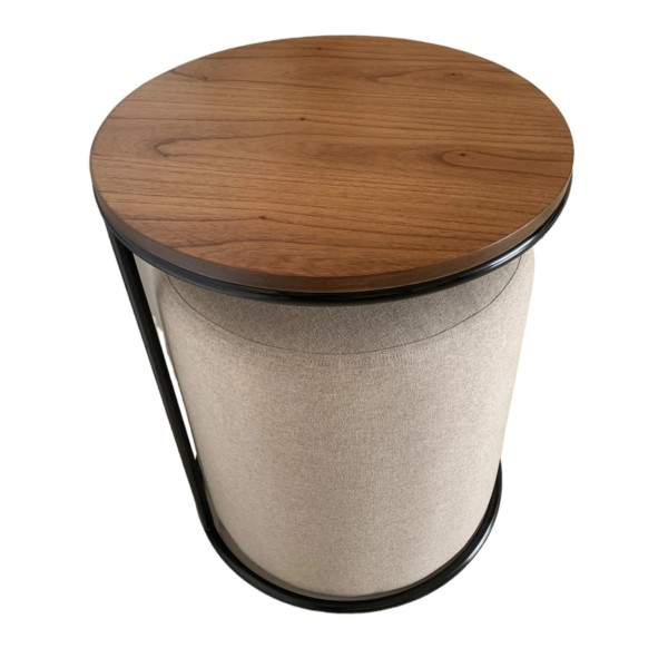 Kit Pouf  CAMELIA  en lin beige + table d'appoint