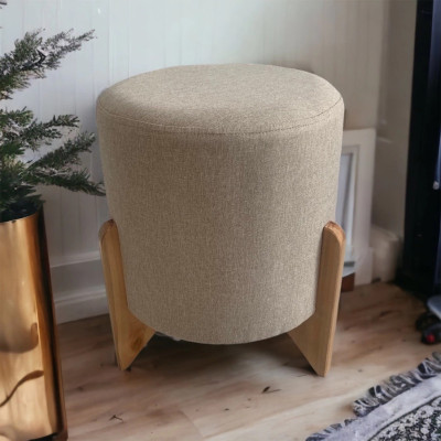 Pouf rond de luxe LOTUS  avec pieds en bois massif lin graphite