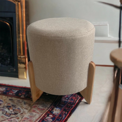 Pouf rond de luxe LOTUS  avec pieds en bois massif lin graphite