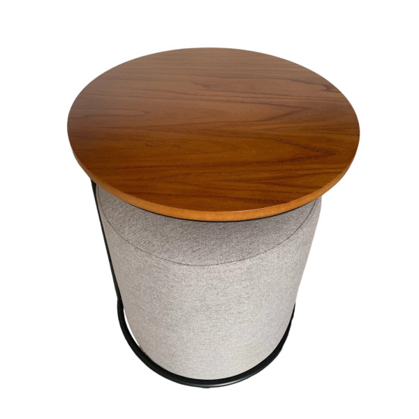 Kit Pouf CAMELIA  en lin gris + table d'appoint