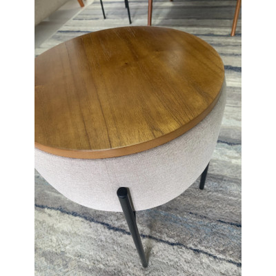 Pouf JASMIN avec base en métal et table d'appoint en lin beige