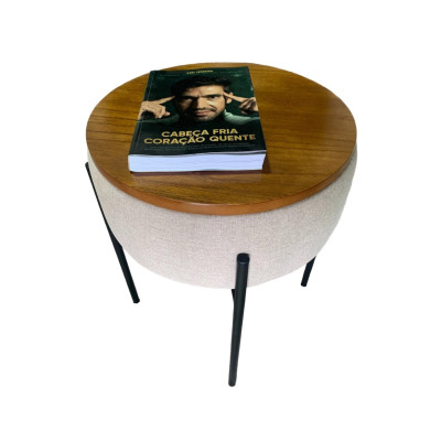 Pouf JASMIN avec base en métal et table d'appoint en lin beige