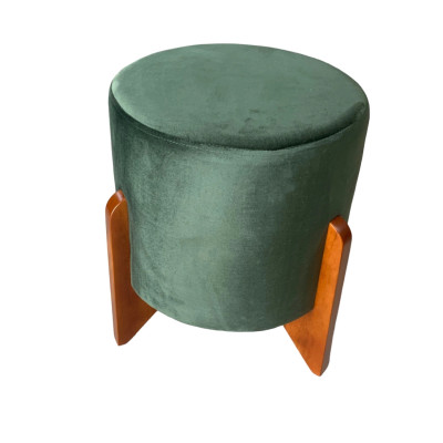 Pouf rond de luxe LOTUS avec pieds en bois massif et tissu en velours vert