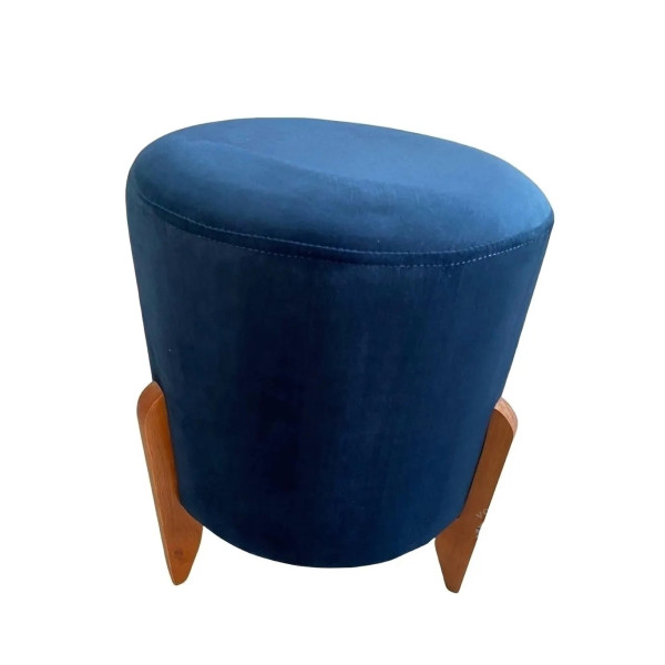 Pouf rond de luxe LOTUS pieds en bois massif et tissu en velours bleu