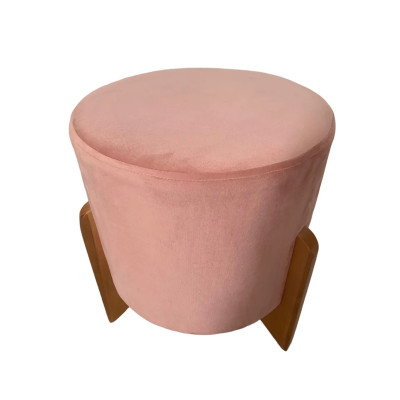 Pouf rond de luxe LOTUS  avec pieds en bois massif et  tissu en velours saumon