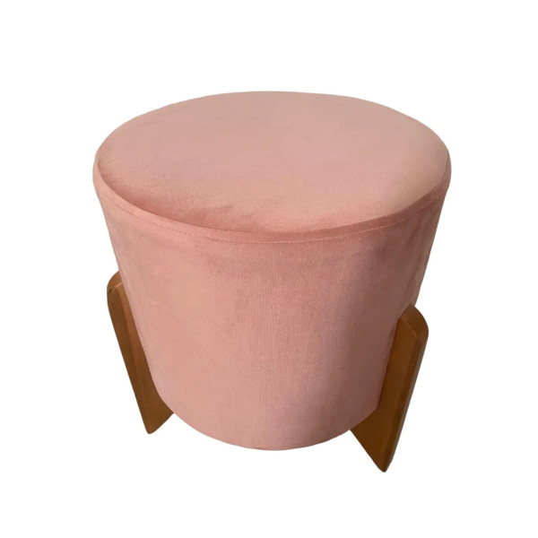 Pouf rond de luxe LOTUS  avec pieds en bois massif et  tissu en velours saumon