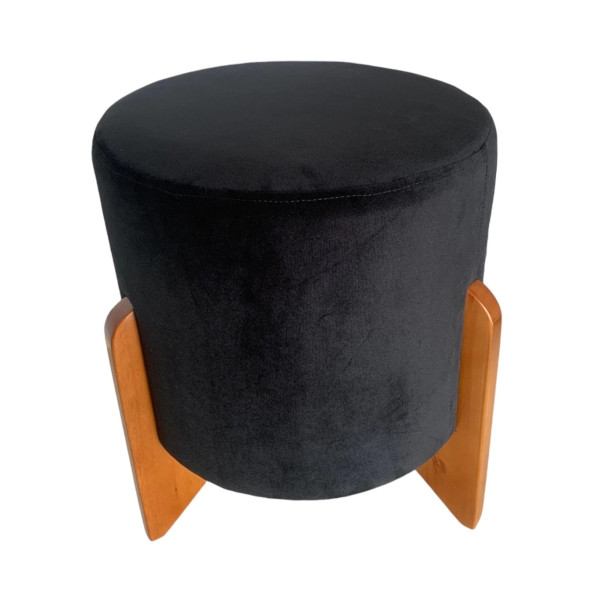 Pouf rond de luxe LOTUS avec pieds en bois massif et tissu en velours noir