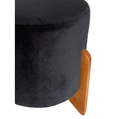 Pouf rond de luxe LOTUS avec pieds en bois massif et tissu en velours noir