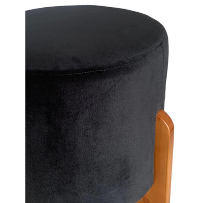 Pouf rond de luxe LOTUS avec pieds en bois massif et tissu en velours noir