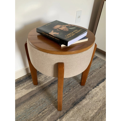Pouf TULIPE avec pieds et plateau en bois massif et tissu en lin beige Pouf TULIPE avec pieds et plateau en bois massif et tissu en lin beige