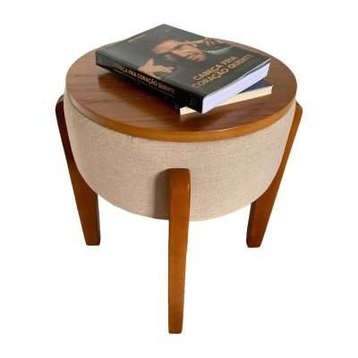 Pouf TULIPE avec pieds et plateau en bois massif et tissu en lin beige Pouf TULIPE avec pieds et plateau en bois massif et tissu en lin beige