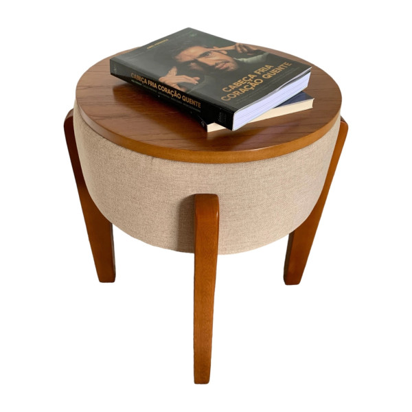 Pouf TULIPE avec pieds et plateau en bois massif et tissu en lin beige