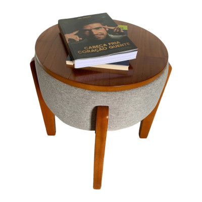 Pouf TULIPE avec pieds et plateau en bois massif et tissu en lin gris Pouf TULIPE avec pieds et plateau en bois massif et tissu en lin gris