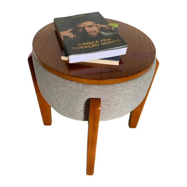 Pouf TULIPE avec pieds et plateau en bois massif et tissu en lin gris