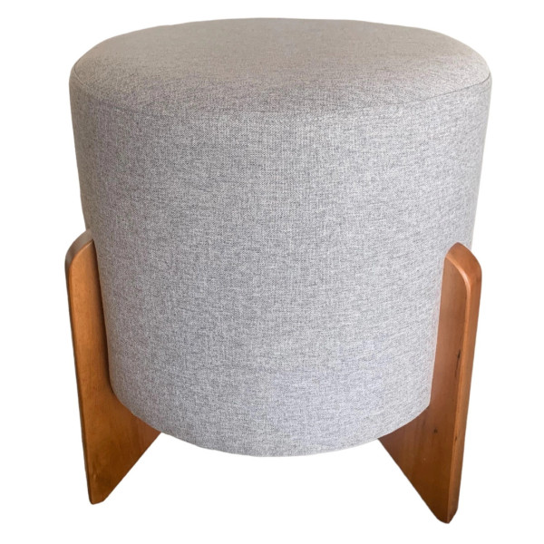 Pouf rond de luxe LOTUS pieds en bois massif et tissu en lin gris